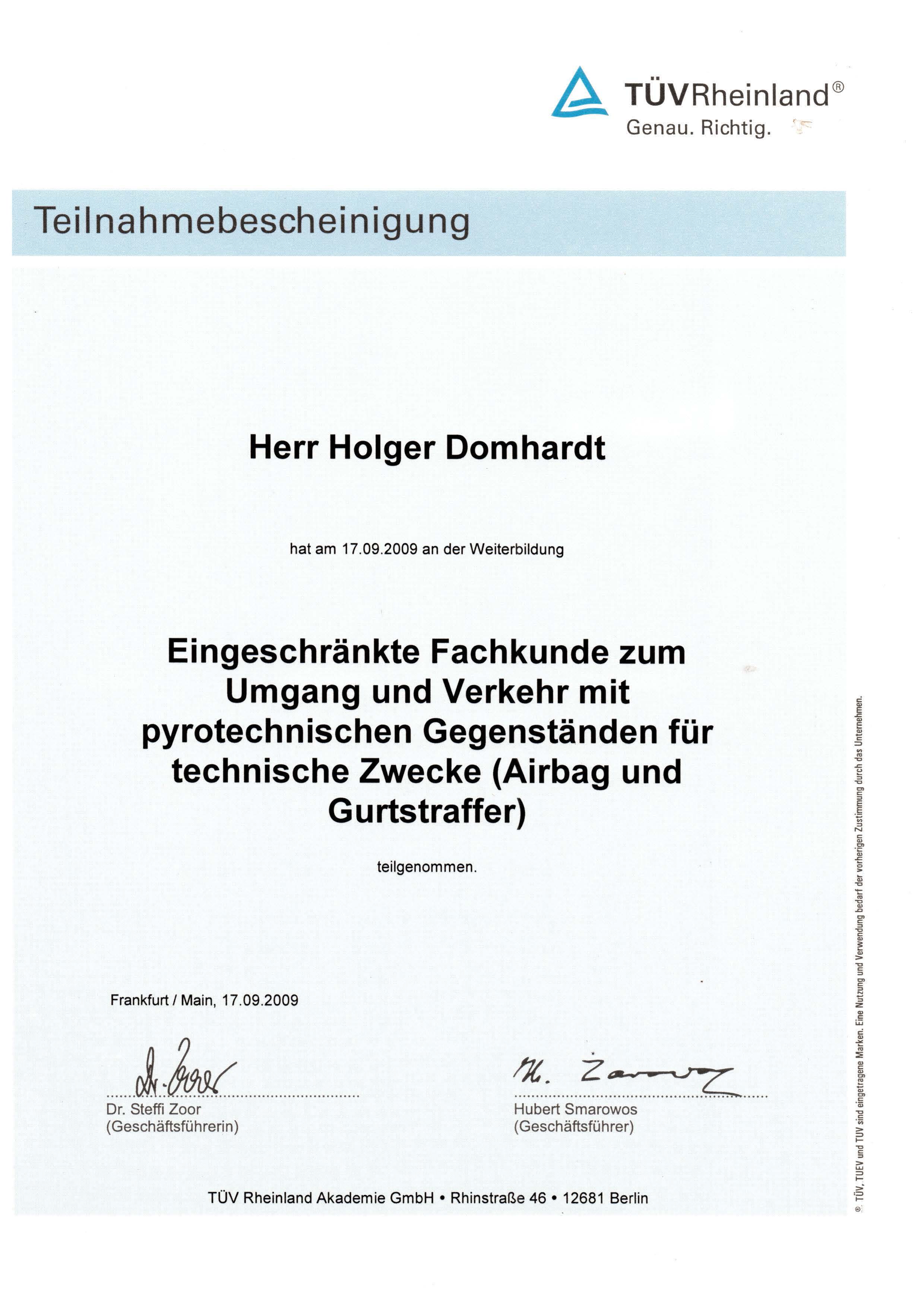 Zertifikat Eingeschränkte Fachkunde zum Umgang und Verkehr mit pyrotechnischen Gegenständen für technische Zwecke (Airbag und Gurtstraffer)