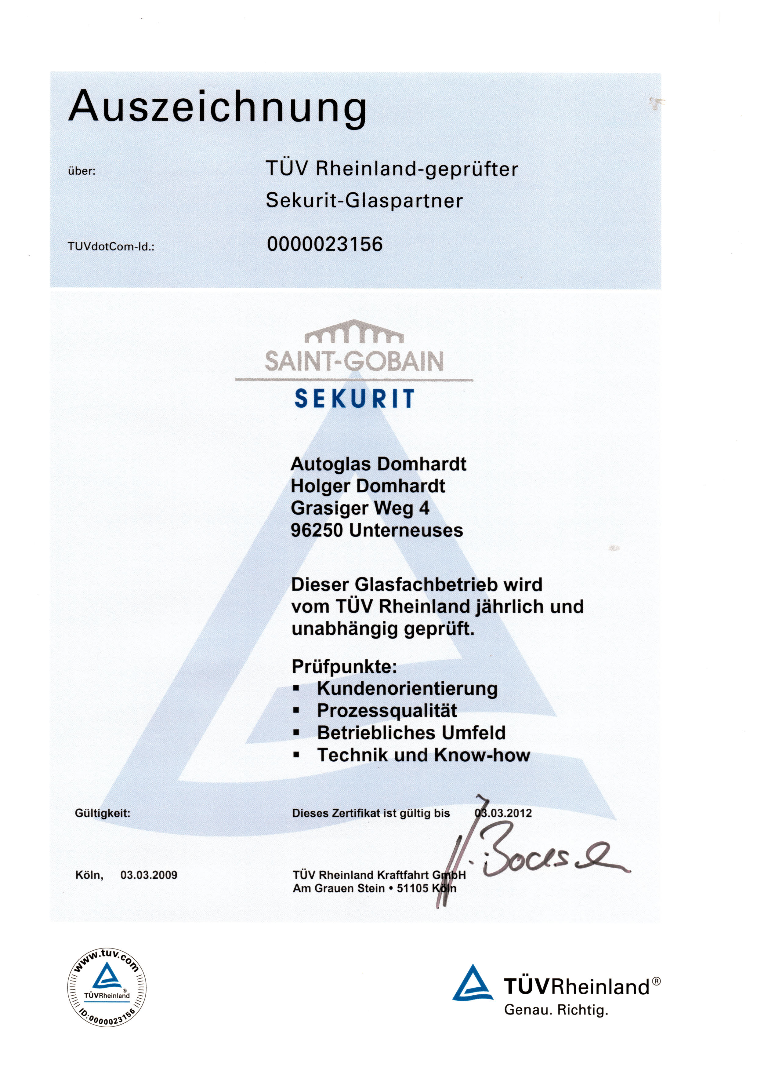 Zertifikat TÜV-Rheinland geprüfter Sekurit Glaspartner